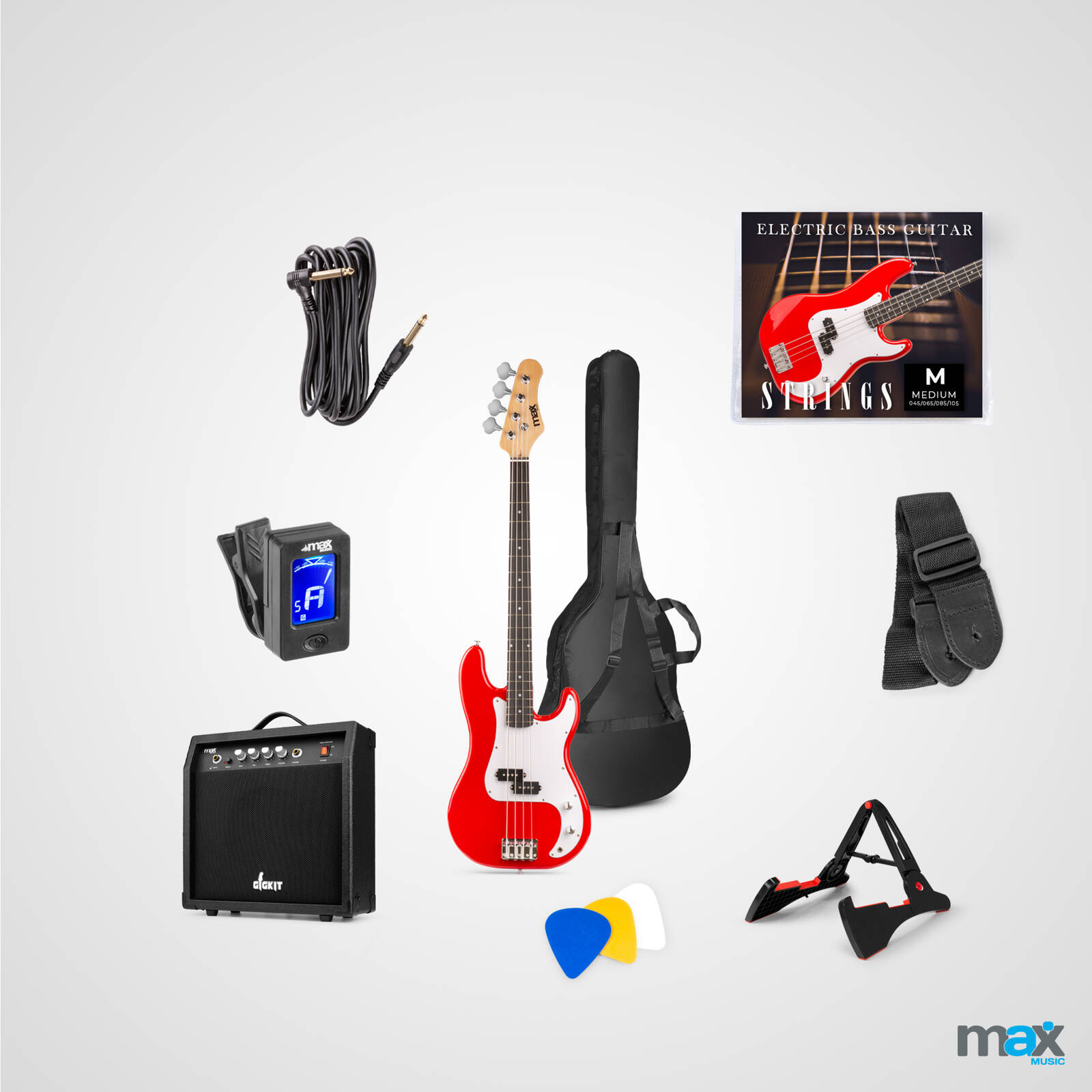 Zestaw: Gitara elektryczna basowa GigKit czerwona+ wzmacniacz statyw pokrowiec akcesoria